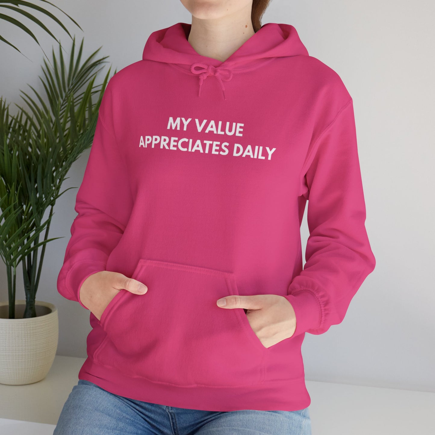 Motivational Hooded Sweatshirt - My Value Appreciates Daily, Cozy Hoodie, Inspirational Sweatshirt, Gift for Him/Her, Casual Wear