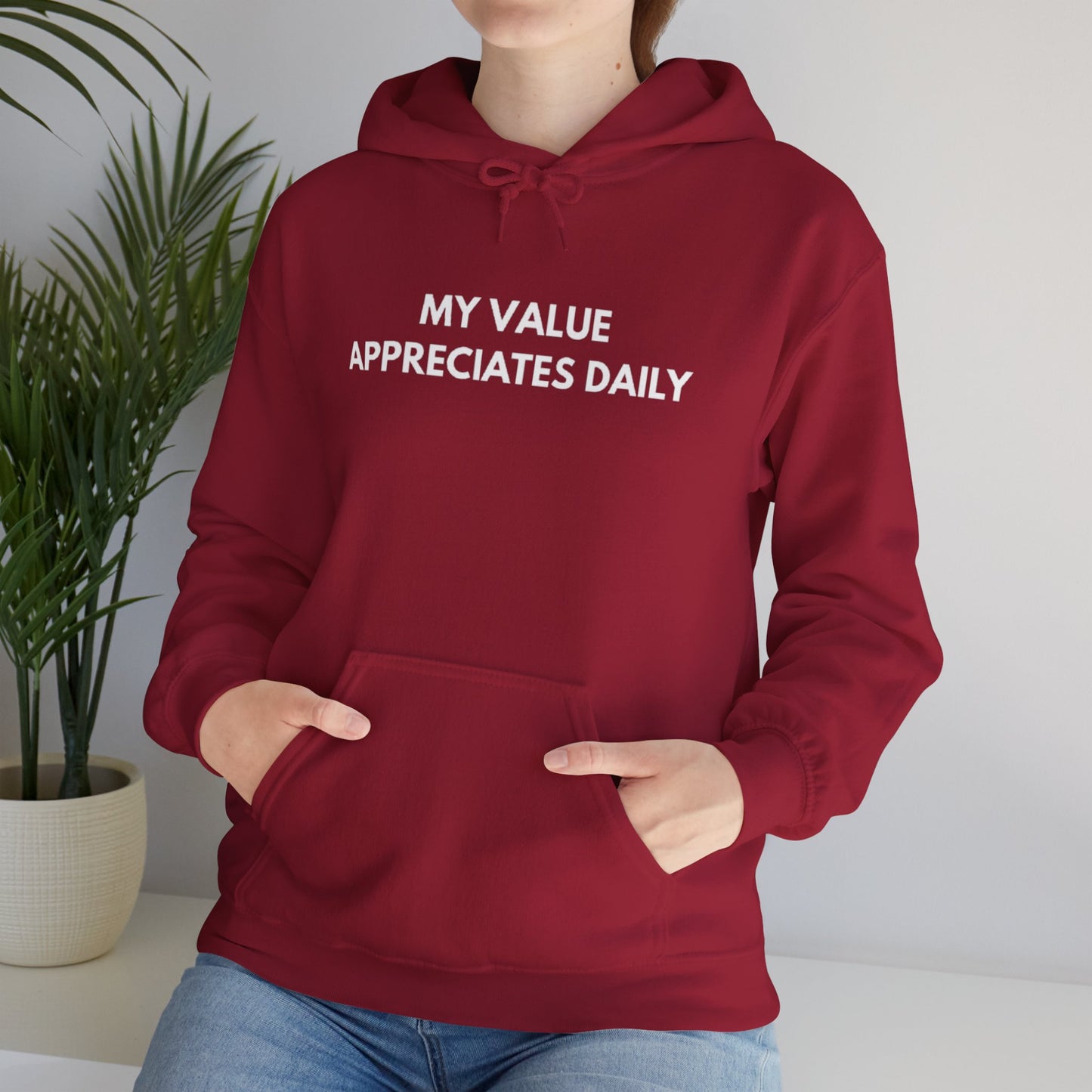 Motivational Hooded Sweatshirt - My Value Appreciates Daily, Cozy Hoodie, Inspirational Sweatshirt, Gift for Him/Her, Casual Wear