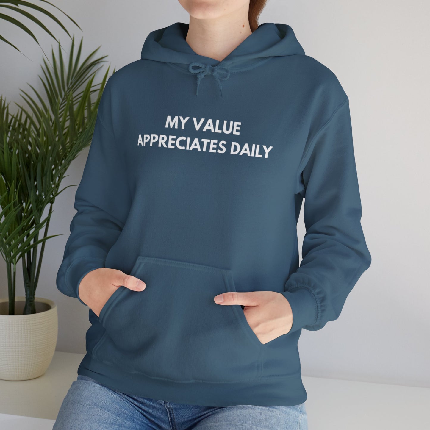 Motivational Hooded Sweatshirt - My Value Appreciates Daily, Cozy Hoodie, Inspirational Sweatshirt, Gift for Him/Her, Casual Wear