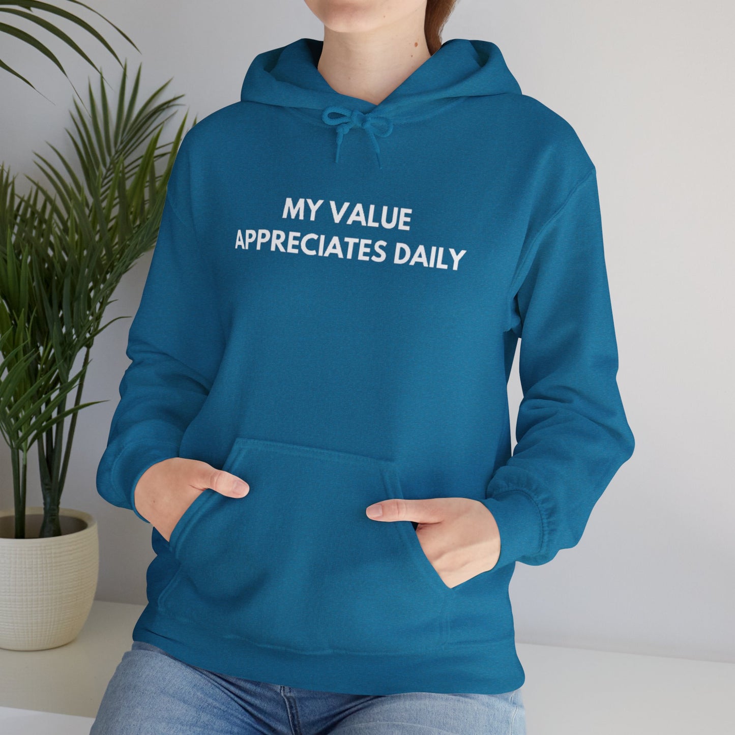 Motivational Hooded Sweatshirt - My Value Appreciates Daily, Cozy Hoodie, Inspirational Sweatshirt, Gift for Him/Her, Casual Wear