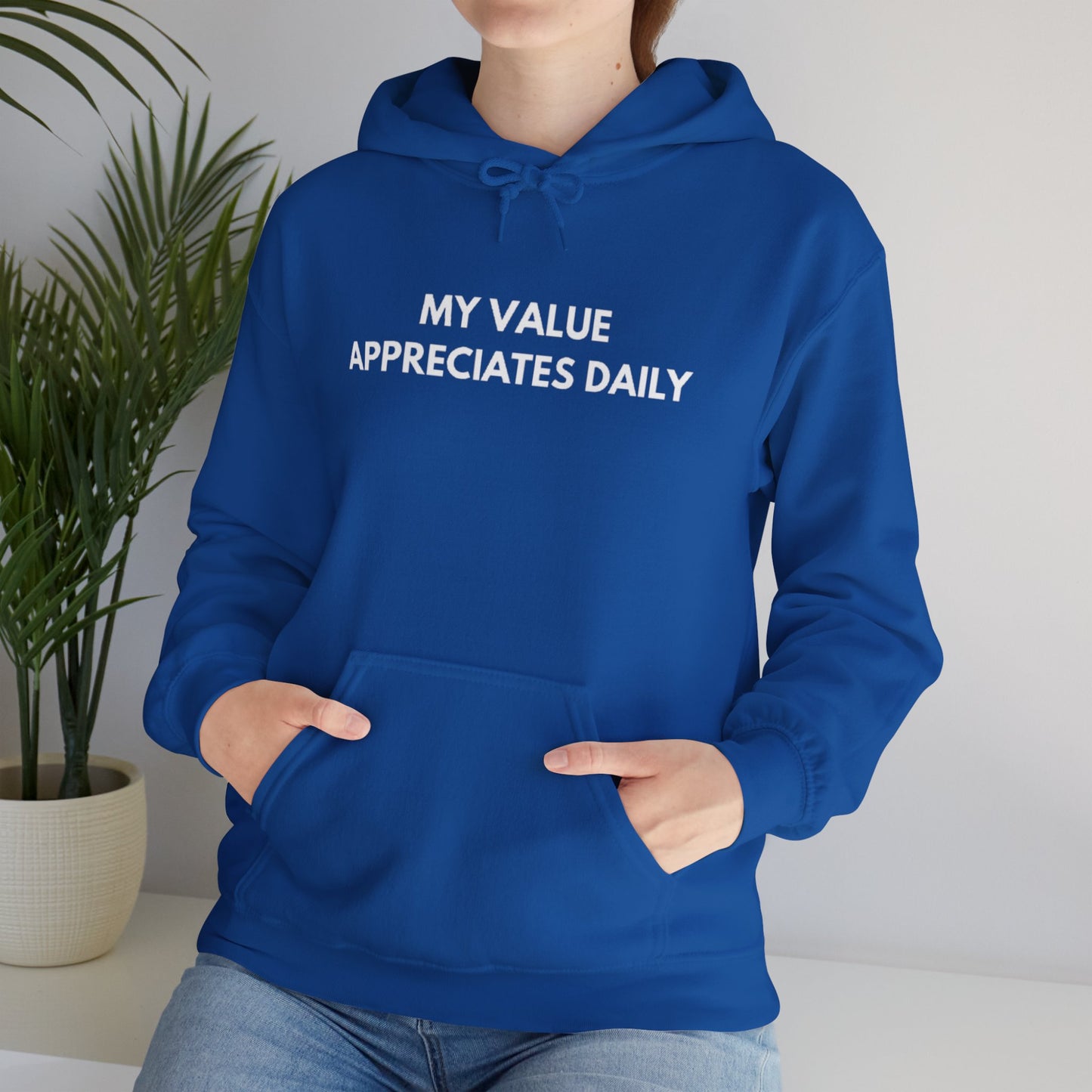 Motivational Hooded Sweatshirt - My Value Appreciates Daily, Cozy Hoodie, Inspirational Sweatshirt, Gift for Him/Her, Casual Wear