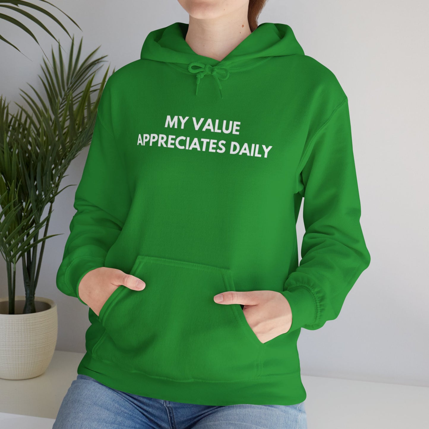 Motivational Hooded Sweatshirt - My Value Appreciates Daily, Cozy Hoodie, Inspirational Sweatshirt, Gift for Him/Her, Casual Wear
